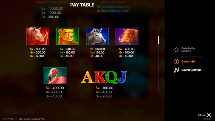 Standard symbols of Lion Gems slot machine